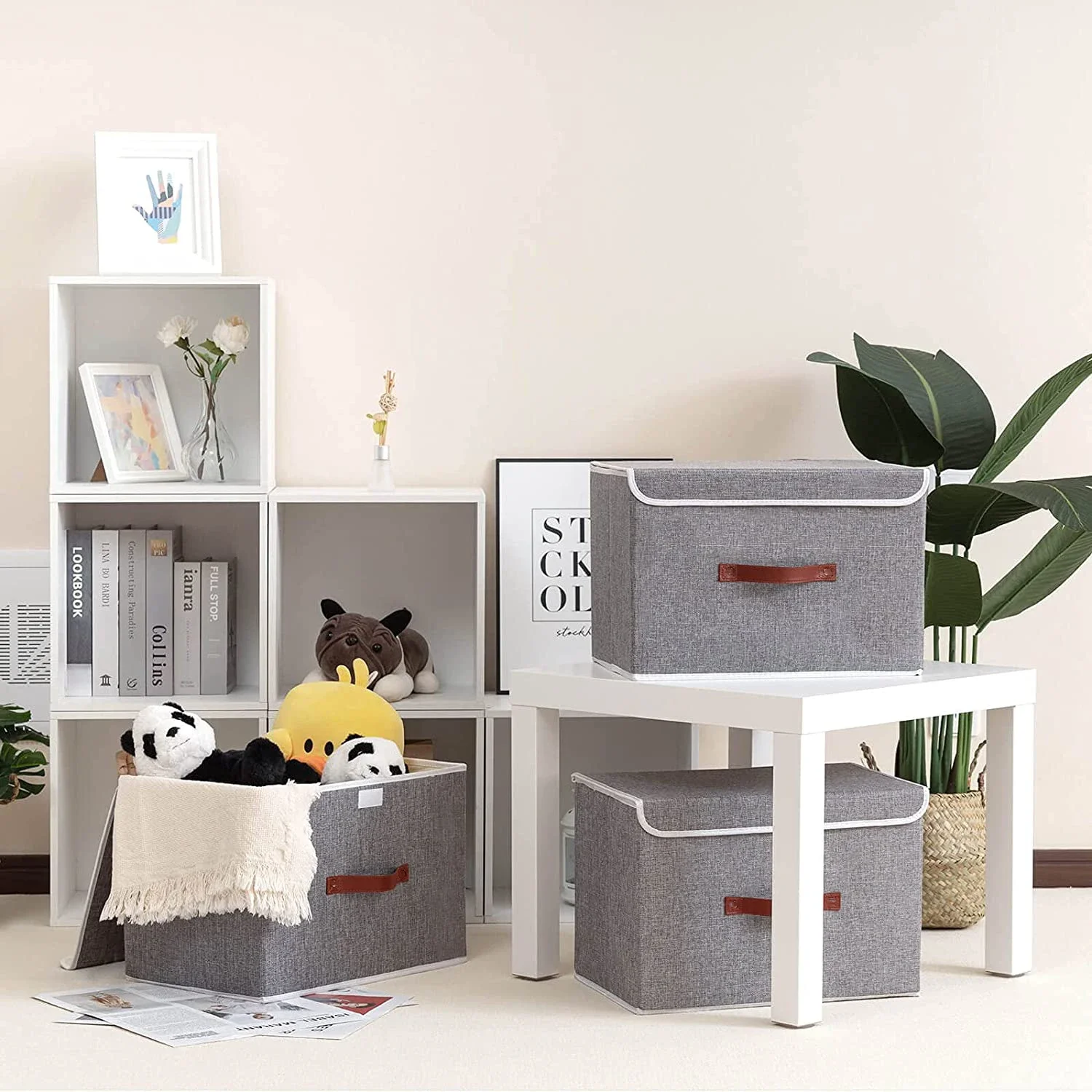 New Linen Fabric Foldable Storage Box Cube Closet Organizer for Toys Shelves Clothes with Lid Faux Leather Handles 4