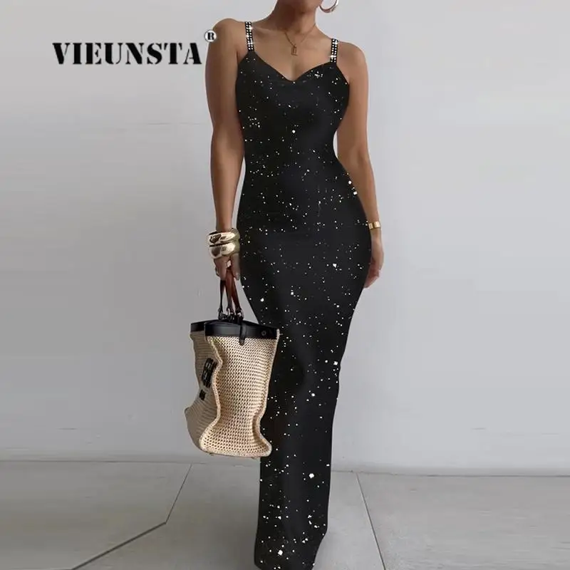 

2023 Summer Women Sexy Spaghetti Strap Long Dress Y2k Shiny Sleeveless Dress Solid Skinny Bodycon Trumpet Maxi Dresses Vestidos