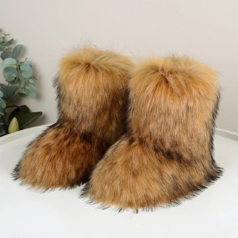 

Winter Fuzzy Y2K Shoes Furry Shoes Fluffy Fur Snow Boots for Women Plush Lining Slip-on Rubber Flat Outdoor Warm Ladies Footwear