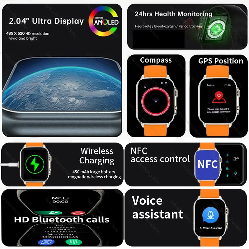 Smart Watch New Genuine Hello Watch 3 Plus 49mm AMOLED 4G ROM NFC Compass Clock Bluetooth Call Sports for Men Women