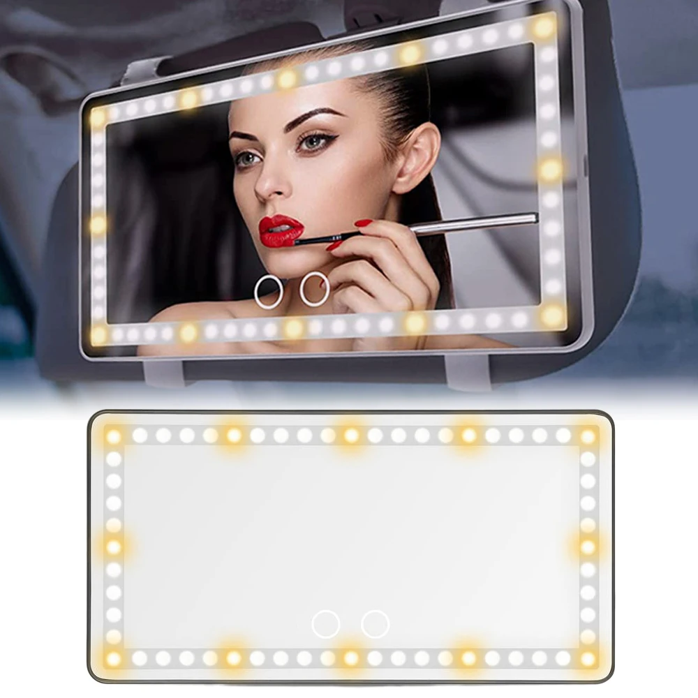 

Car Sun Visor Vanity Mirror USB Rechargeable Makeup Mirror with 3 Light Modes 60 Leds Dimmable Clip-on w/ Dimmable Touch Screen