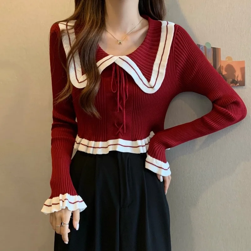 

Doll Neck Red Knitting Pullover Women's Sweater 2023 Spring And Autumn New Soft Long Sleeve Thickened Short Sweater Top