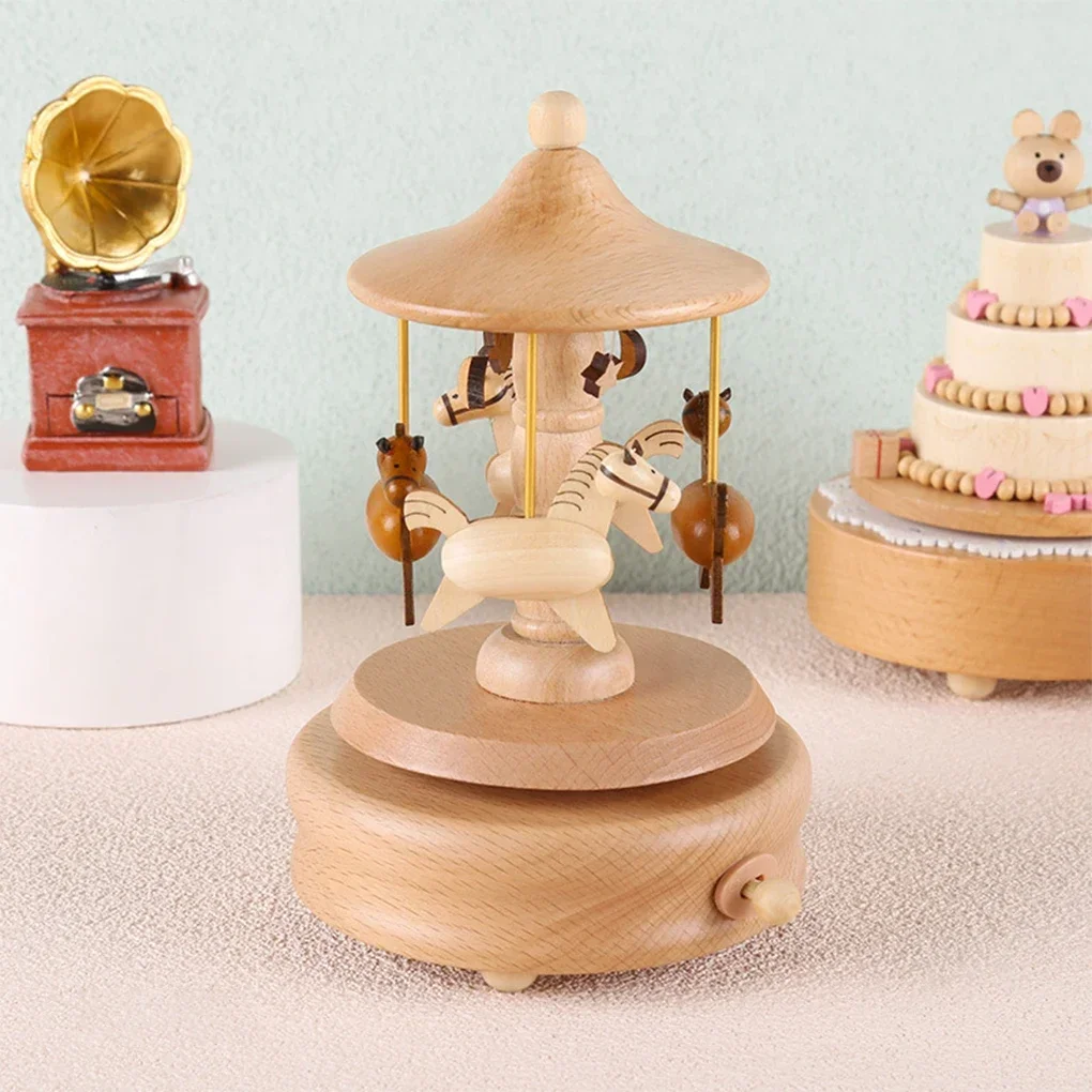 Wooden Carousel Music Box Ornaments Rotatable Hand-cranked Music Box DIY Handmade Birthday Christmas Gift Children’s Toys 2