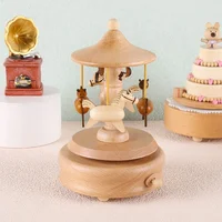 Wooden Carousel Music Box Ornaments Rotatable Hand-cranked Music Box DIY Handmade Birthday Christmas Gift Children’s Toys 2