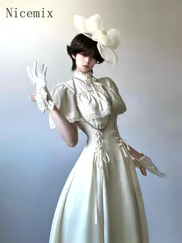 Nicemix Estate Elegante Gotico Vita Cinched Dimagrante Bianco Lolita Abito in Pizzo Manica Corta Mantello A-line Abito Lungo per Le Donne