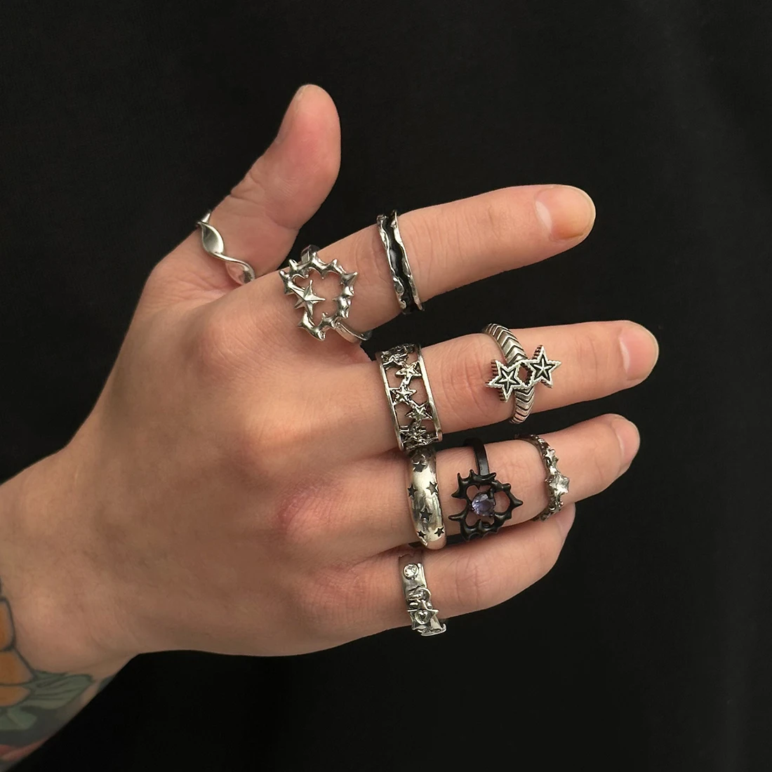 Ingemark 9 Teile/satz Goth Alte Silber Farbe Offene Ringe für Männer 2025 Trend Vintage Metall Stern Hohl Fledermaus Form Ringe männlichen Schmuck