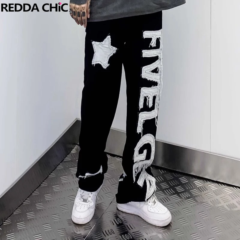 

ReddaChic Streetwear Men Black Baggy Jeans Letter Star Patched Pentagram Wide Leg Pants Vintage Harajuku Acubi Fashion Trousers