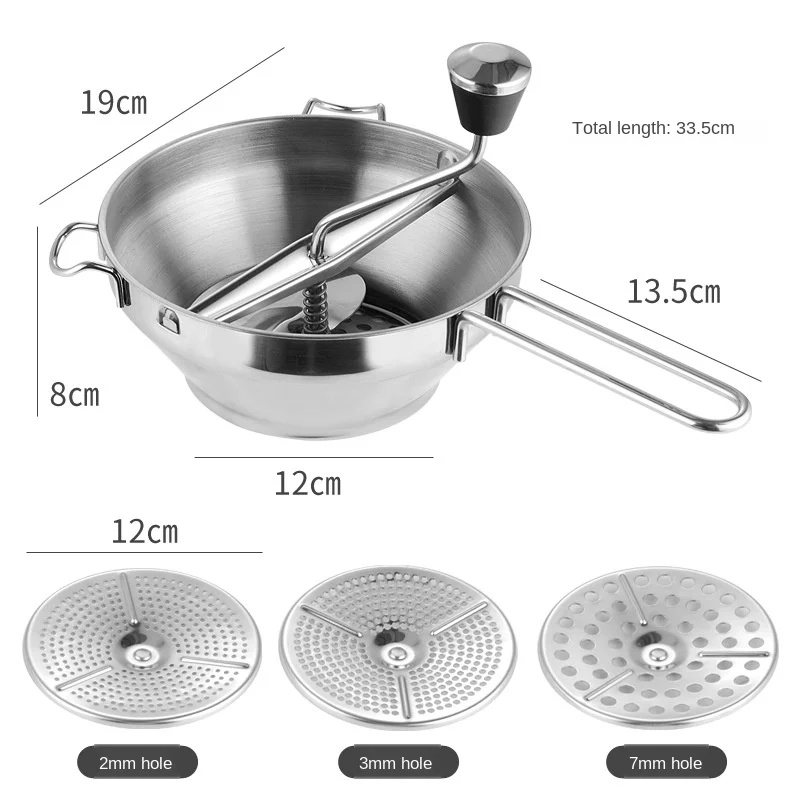 Multifunctional Food Mill Stainless Steel Manual Potato Masher with 3 Discs