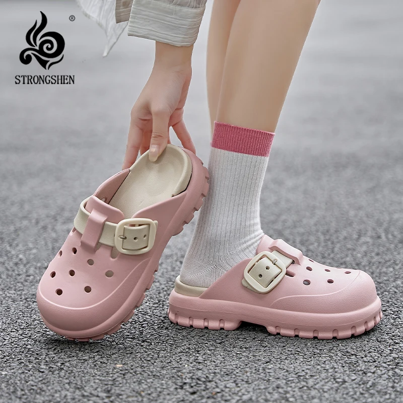 

STRONGSHEN New Summer Women EVA Sandals Heels Clog Platform Square Heels Garden Slippers Hollow Out Slides Shoes Leisure Mules