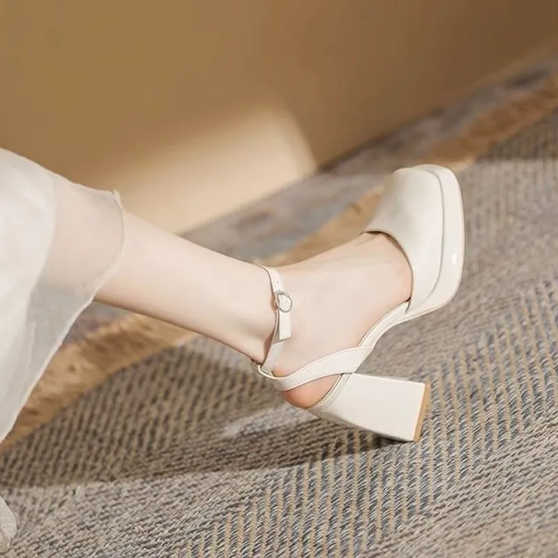 Beige High Heels Ankle Strap Platform Pumps Women Fashion Square Toe Chunky Heeled Sandals Lady Beige Wedding Dress Party Shoes