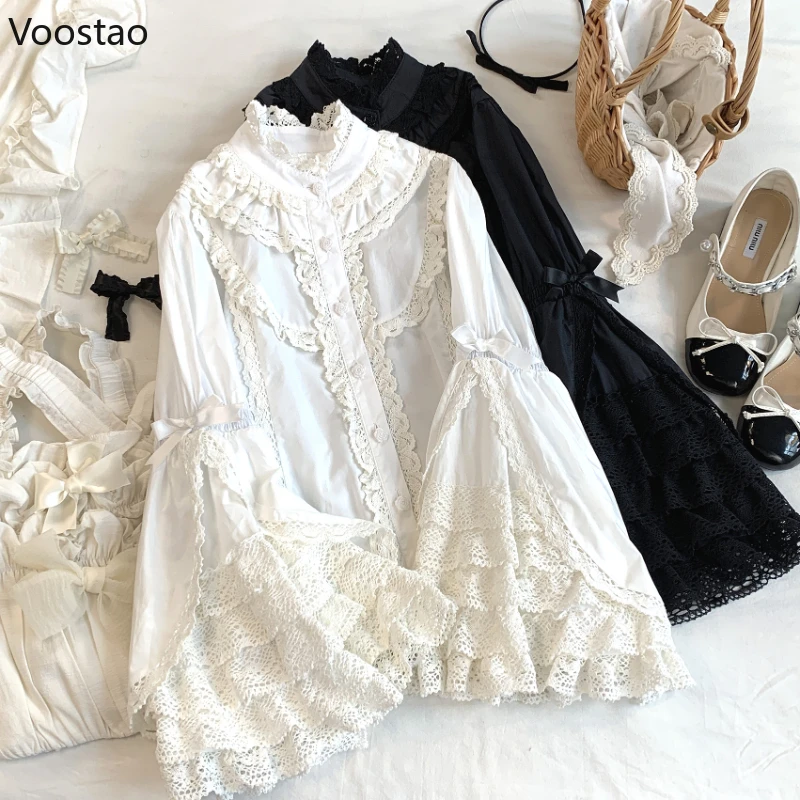 

Victorian Elegant Lolita Shirts Women Harajuku Gothic Y2k Lace Ruffle Flare Sleeve Cotton Blouse Female Vintage Blusas Mujer Top