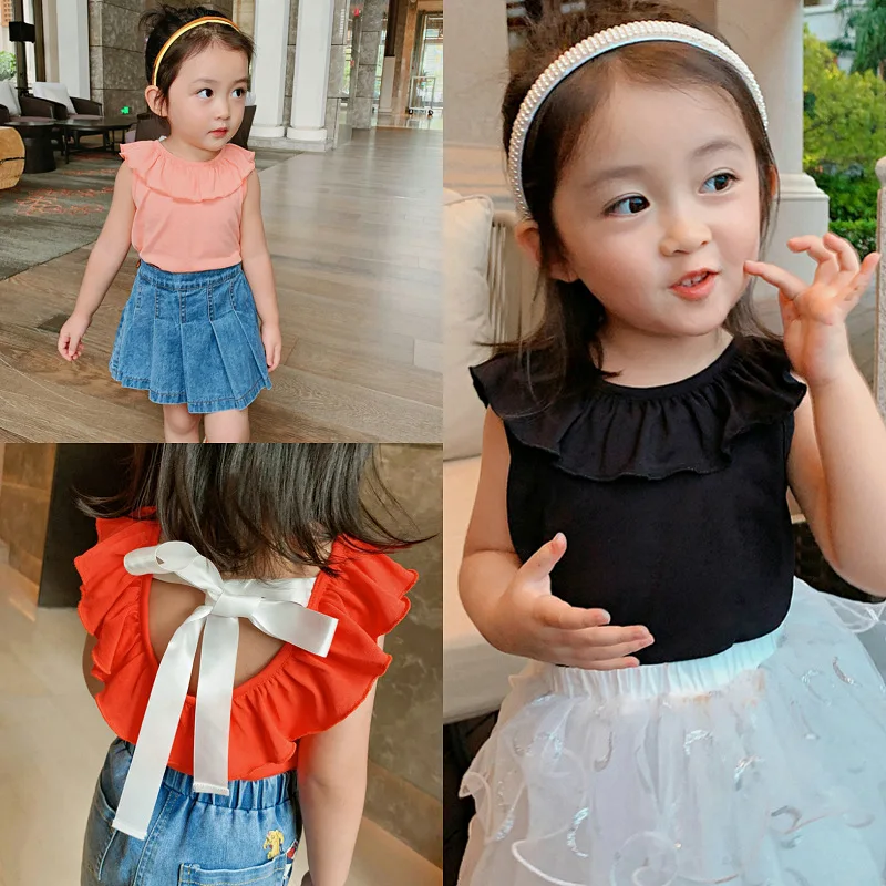 

Girls' Tank Top with Back Ribbon Flying Sleeves Off the Back Bottom Top 2024 Summer New Versatile top Children's Clothing