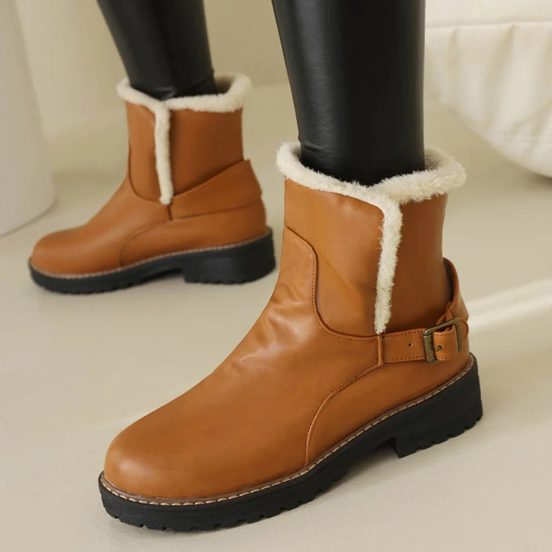 

Women Snow Boots 2023 Winter Casual Low-Heel Women Shoes Belt Buckle Classic Round Head Ankle Boots Large Size 43 Dropshopping