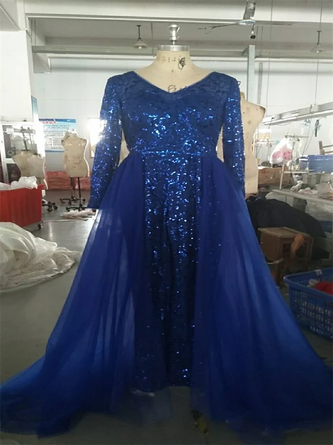 2023 Royal Blue Jumpsuit Prom Dresses With Overskirts V Neck Long Sleeve  Sequined Evening Gowns Plus Size African Pageant Pants - Evening Dresses -  AliExpress