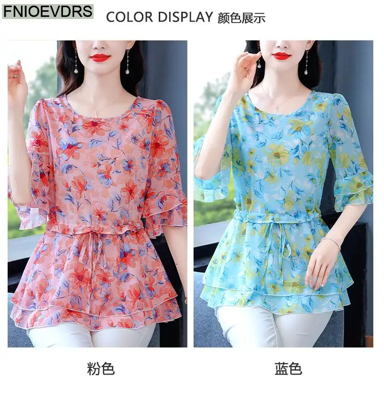S-4XL Loose Clothes 2023 Women Summer Slim Waist Drawstring Ruffles Shirts Casual Chiffon Floral Tunic Peplum Tops And Blouses