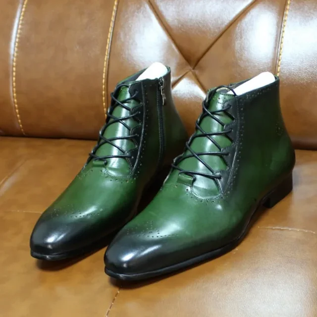 2024 Handmade Genuine Leather Men Classic Ankle Boots High Top Pointed Formal Shoes Side Zipper Strap Men's Casual Business Boot 6