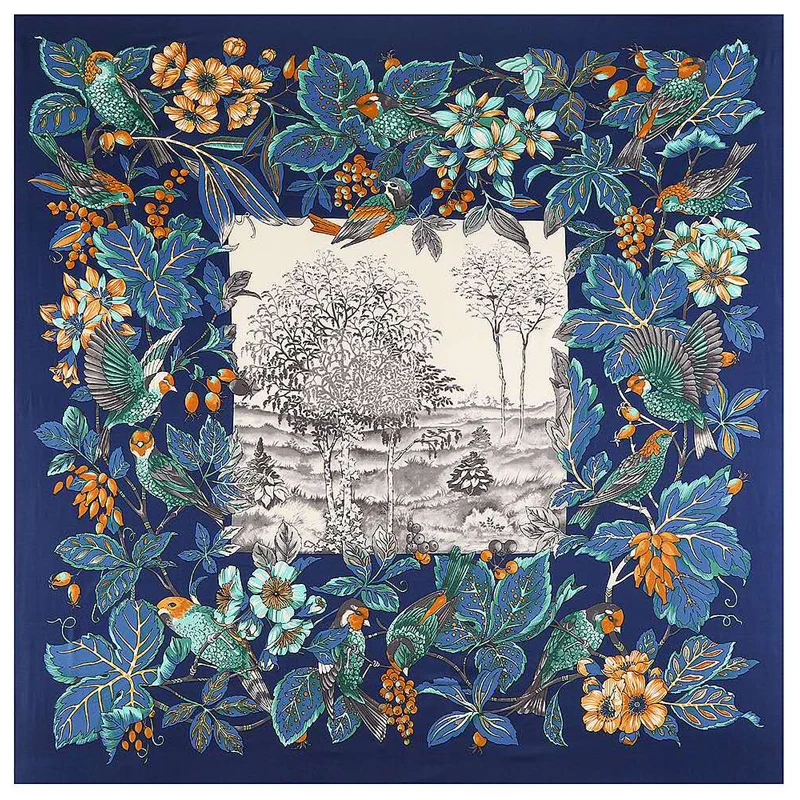 

100%Twill Silk Scarf Floral Print Woman Scarves&Wraps Square Foulards Big Hijab Lady Neckerchief Female Headband 130*130CM
