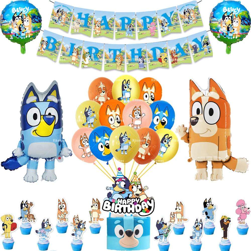 Blueyed Bingoing Balloons Happy Birthday Banner Blue Dog Party Ballons Backdrop Stickers Mask Decorations Kids Toys Tableware