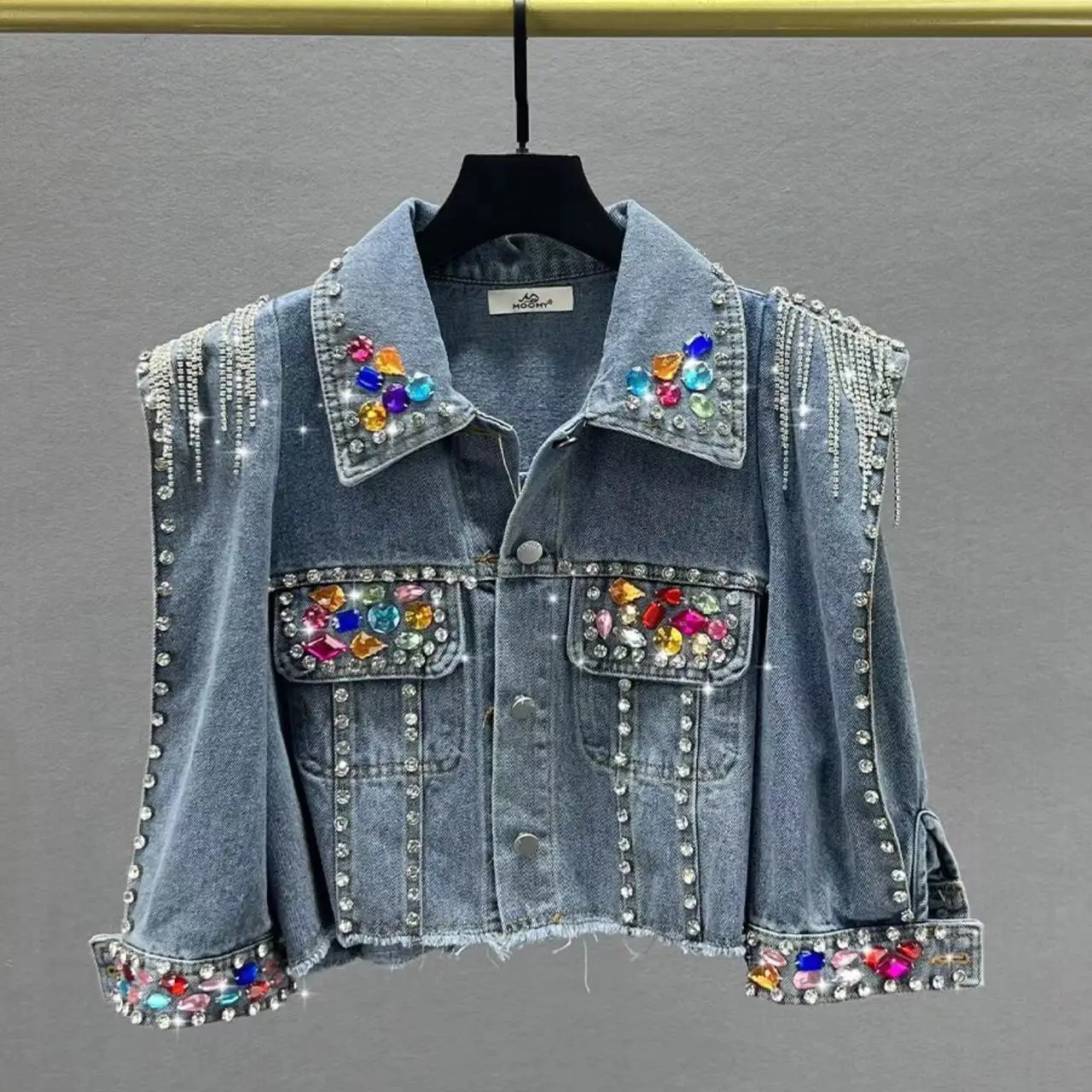 

High Street Short Denim Jacket Coat For Women Autumn Diamonds Chain Tassel Frayed Burrs Hem Jeans Jacket Female
