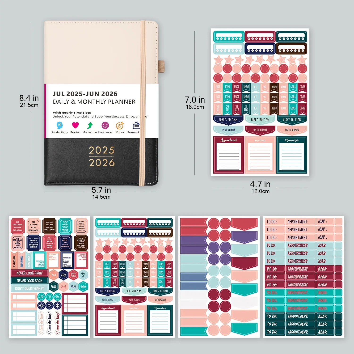 2025-2026 Academic Daily/Monthly Planner 5.7"x8.4" Hourly Schedule, 12 Tabs & Pocket Faux Leather Work/Home/School FOCUS DAY