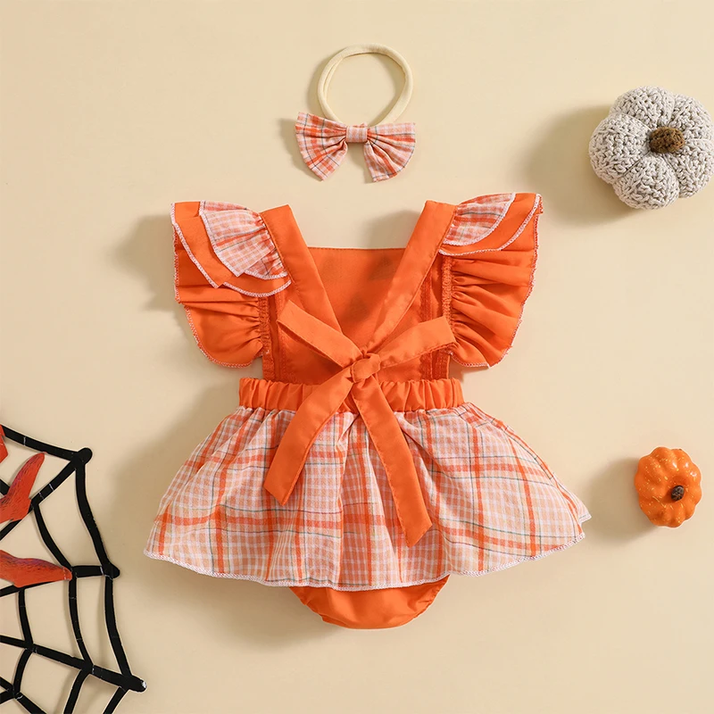 

Baby Girls 2Pcs Halloween Outfits Ruffle Sleeve Pumpkin Print Romper Dress with Headband Set Newborn Clothes