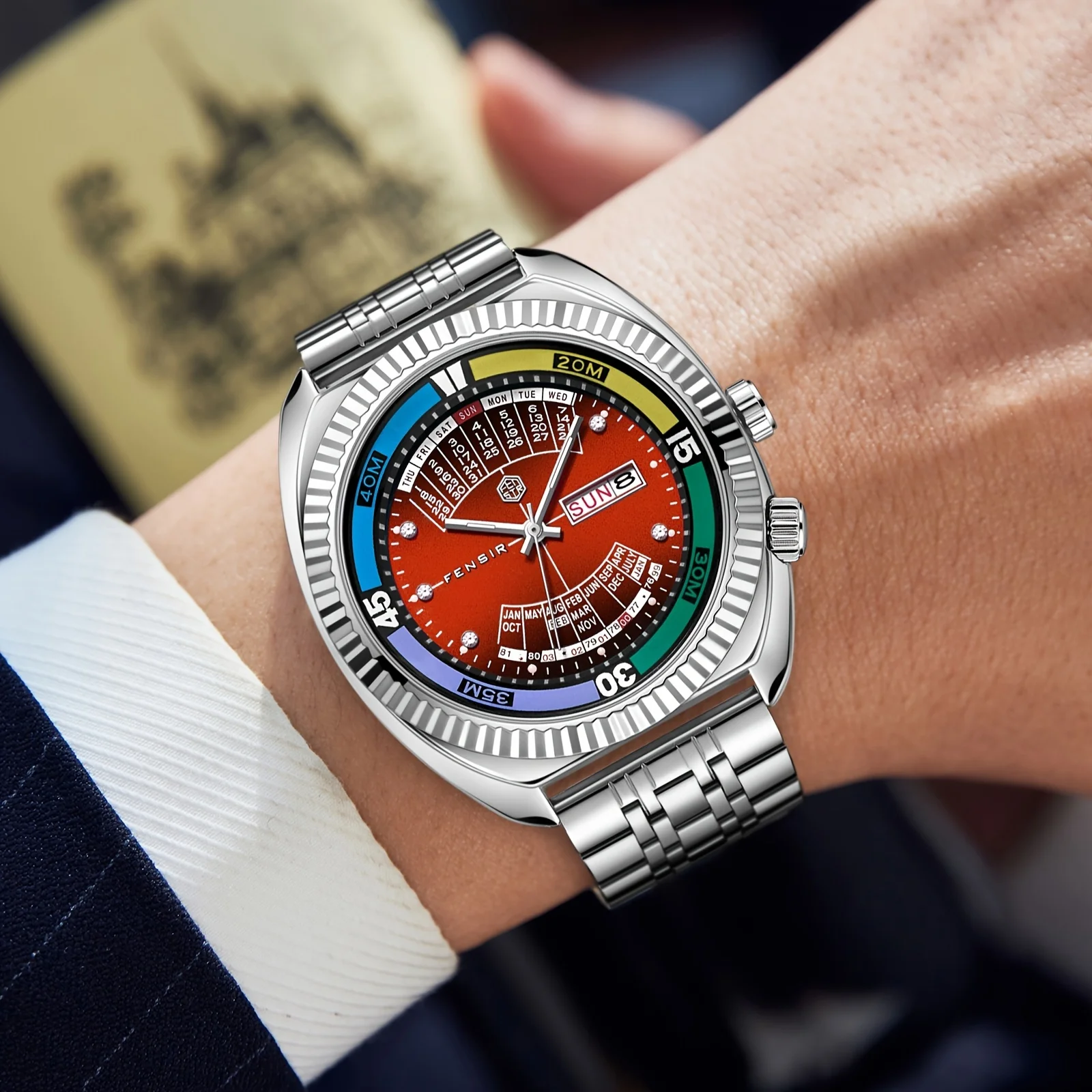 Luxury Men's Dual Calendar Waterproof Steel Wristwatch - European & American Style Fashion, Perfect for Business Casual, Unique Trendy Design, Ideal Gift for Him