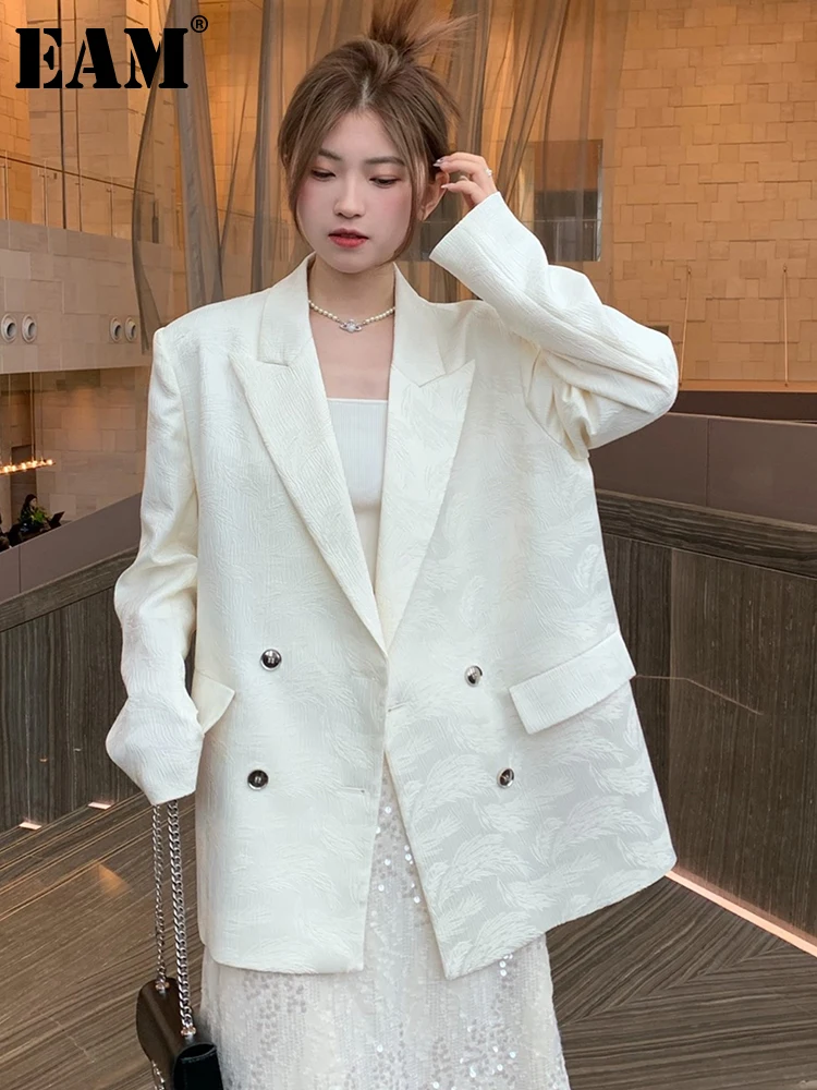 

[EAM] Women Beige Pattern Big Size Casual Blazer New Lapel Long Sleeve Loose Fit Jacket Fashion Tide Spring Autumn 2023 1DF8258
