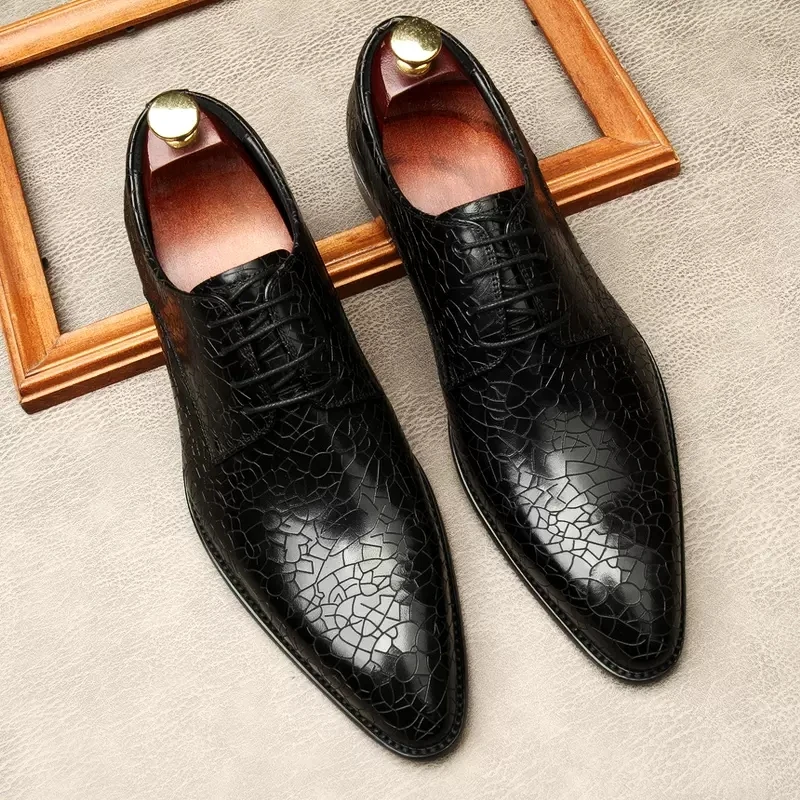 Lace Up Men Dress Shoes Pointed Toe Stone Pattern Black Business Shoes For Men Luxury Suit