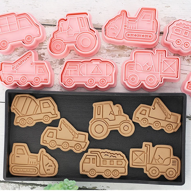 

8 Pcs/set Engineering Truck Cookie Cutters Plastic 3D Cartoon Pressable Biscuit Mold Cookie Stamp Kitchen Baking Pastry Bakeware