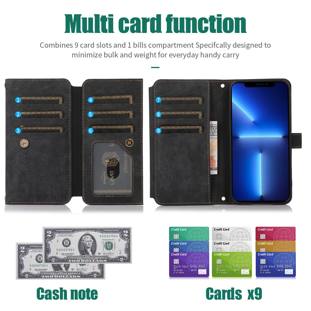 Luxury Leather Flip Wallet Case with Multi 9-Card Slot and Zipper Etui