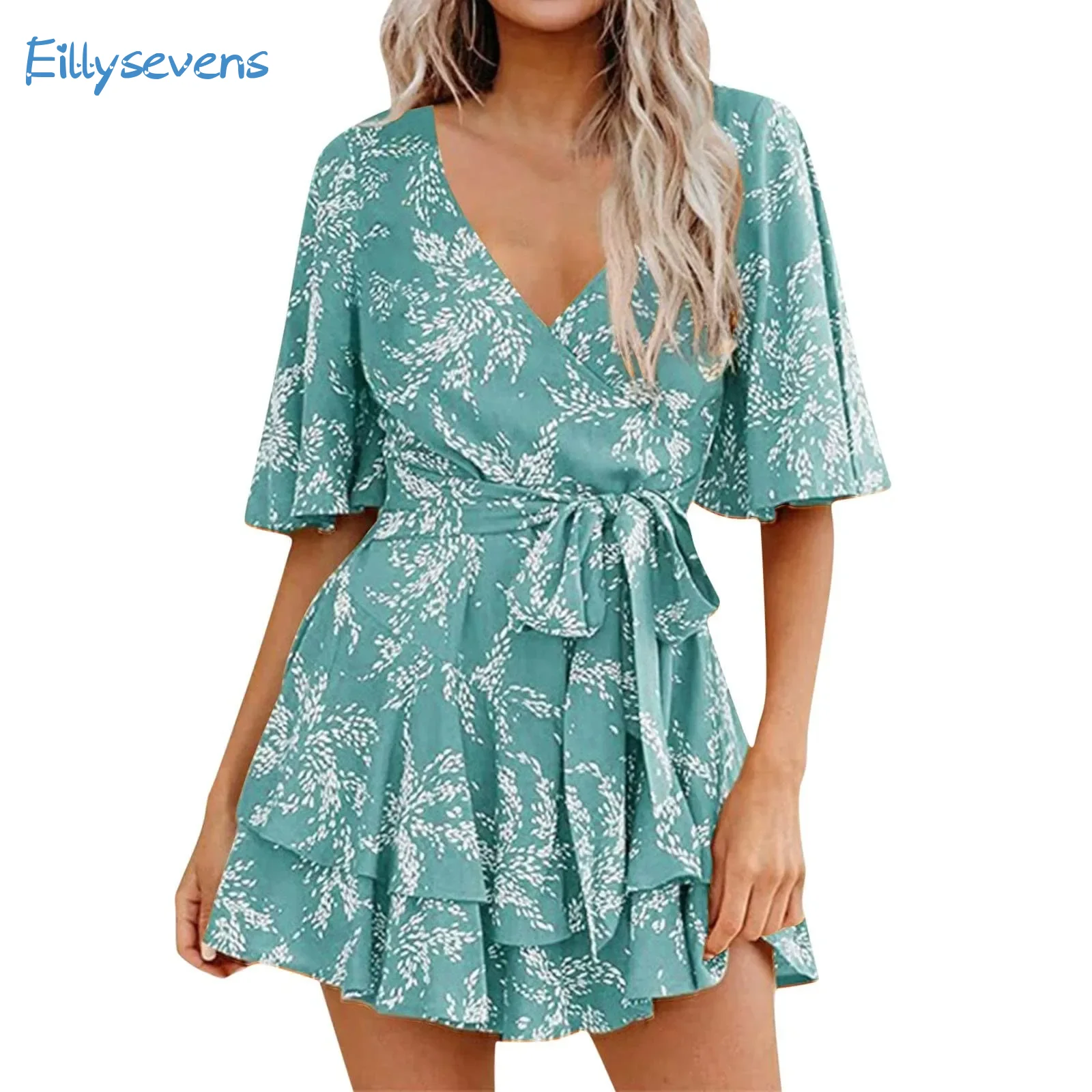 

Women'S Dress Jumpsuits Fashion Trend V Neck Waist Lace-Up Bell Sleeves Tiered Pleated Jumpsuits Fresh Floral Dress Rompers