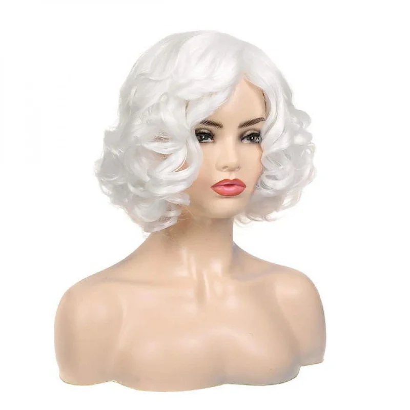새로운 여성 가발 짧은 흰색 물결 모양의 곱슬 머리 파티 가발 Gril 가발