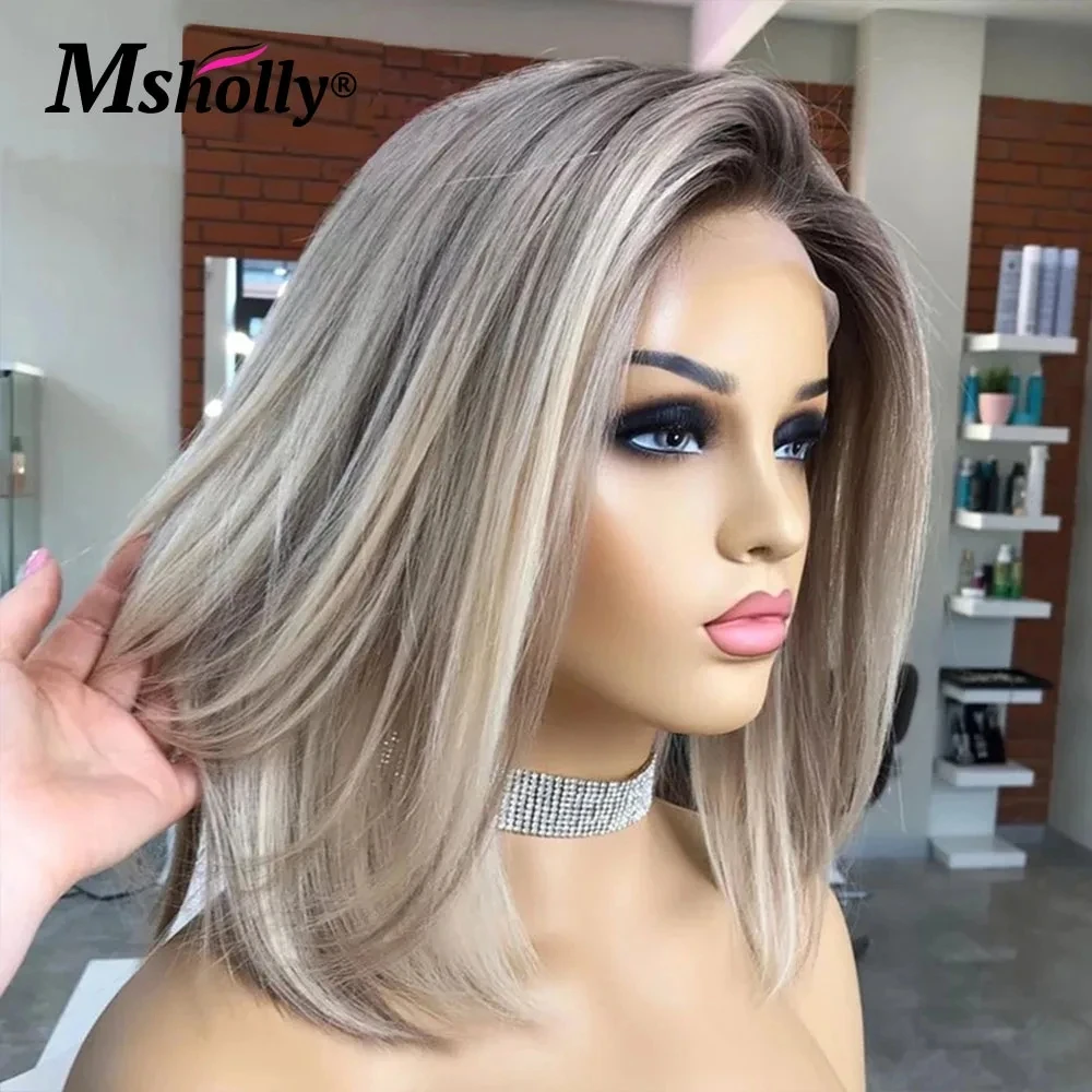 Hd Transparant Kant Korte Bob Highlight Asblonde Mensenhaar Pruiken Grijs Bruin 13X4 Lace Frontale Pruiken Voor Vrouwen Rechte Bob Snit