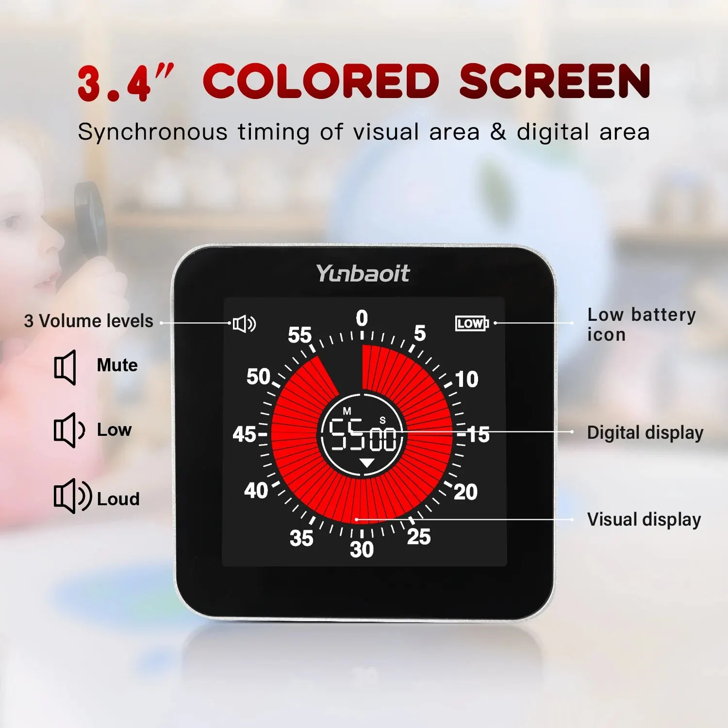 Digital Rechargeable 60 Minutes Silent Countdown/Up Visual Timer 3.4 Inches Colored Screen Magnetic Back VT08 Pro