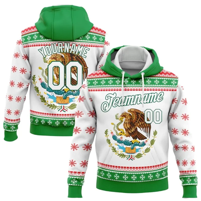 Custom Christmas Red White-Kelly Green 3D Mexico Flag Sports Pullover Sweatshirt Hoodie Christmas Pullover Sweatshirt Hoodie