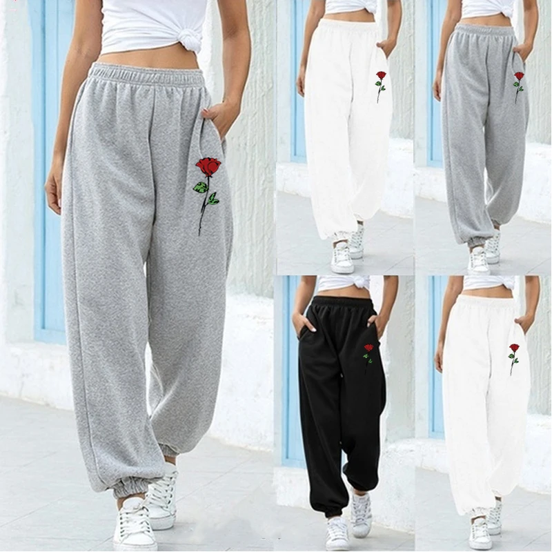 New Women Sweatpants rose Print Autumn Winter Warm Jogging Pants Outdoor Brand Straight Trousers autumn men s sportswear fashion casual sweatshirt trousers two piece jogging sportswear men s outdoor breathable cycling wear