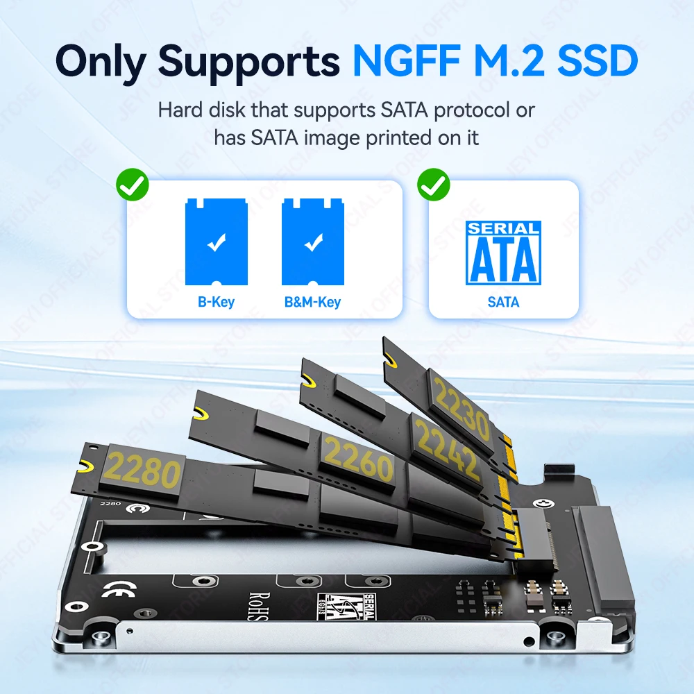 JEYI M.2 NGFF SATA 3.0 하드 드라이브 인클로저 6Gbps 고속 최대 2TB 지원 휴대용 모바일 2230/42/60/80 SSD 지원