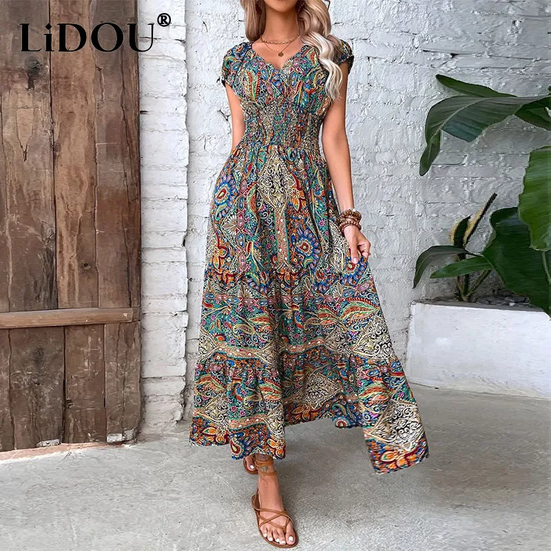 

Summer Fashion Bohemian Vintage Printed Waist Dress Ladies Slim Casual Beach Holiday Robe Women Elegant Vestido Female Clothes