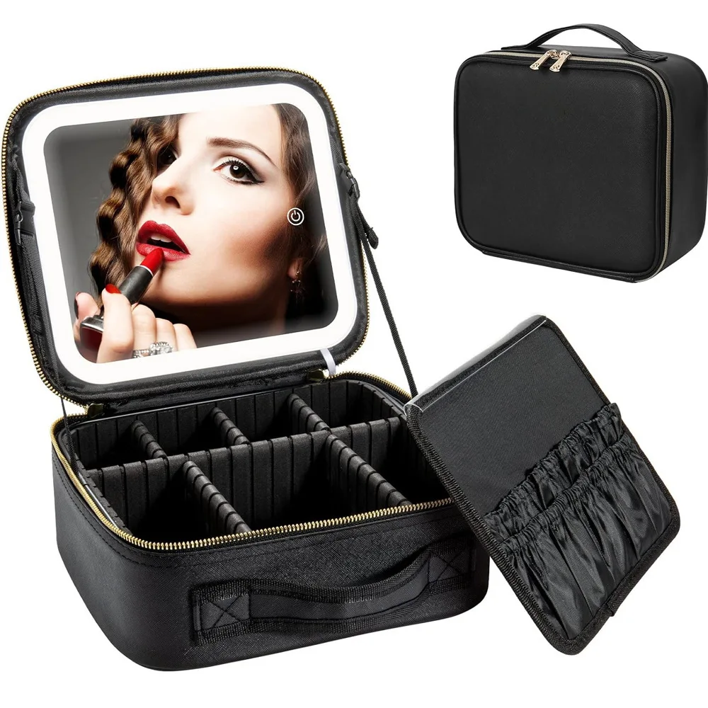 Smart LED Cosmetic Case With Mirror Travel Makeup Bag Large Capacity Female Beautician Skincare Product Makeup Case For Women