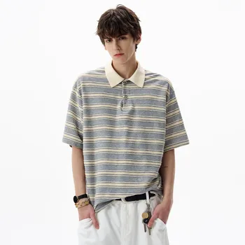 Polo a Righe a Contrasto Versatile 2026 Nuova Collezione, Manica Corta, Unisex, Vestibilità Ampia, Stile Retrò, Top Casual per il Pendolare