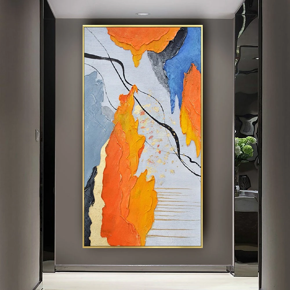 

100% Handmade Abstract Canvas Oil Paintings Orange Grey Blue Texture Color Block Deconstructed Wall Art Pictures Decor Home Room