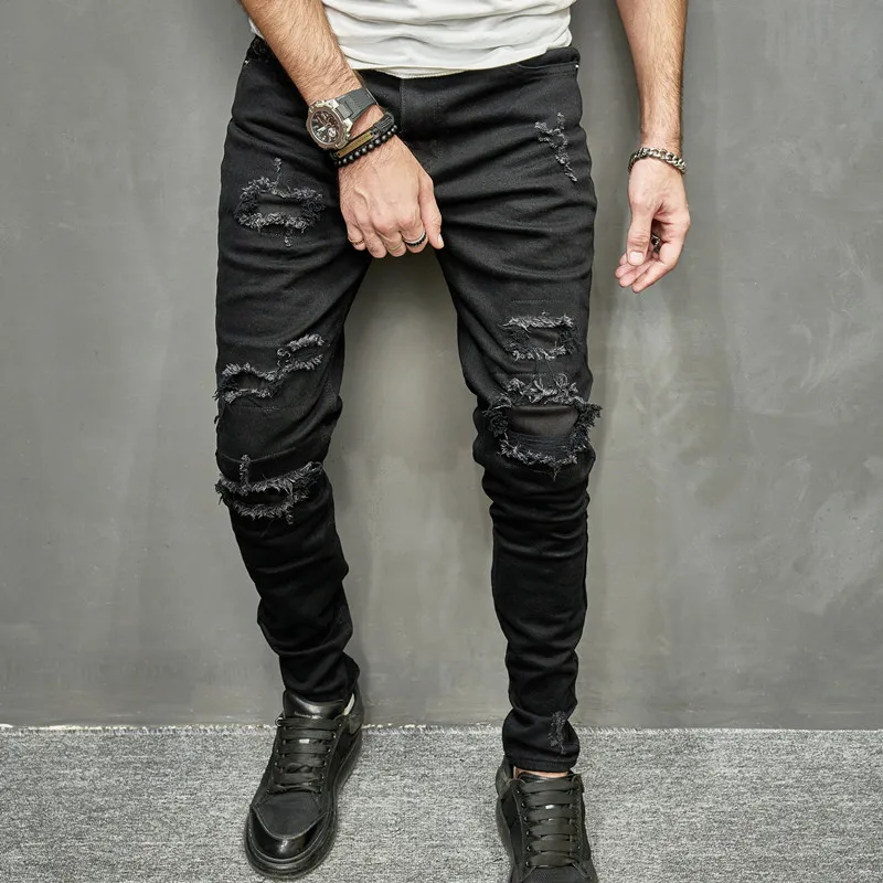 Men Jeans Holes Patch Skinny Stretch Pencil High street Stylish HipHop Ripped Slim Denim Trousers