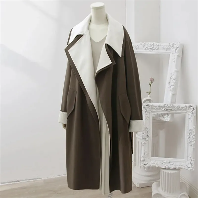 

Trench Coat Female Spring Autumn Splicing Collision Color Windbreaker Lapel Lace-up Pocket Loose Fashion Women's Clothing ZM523