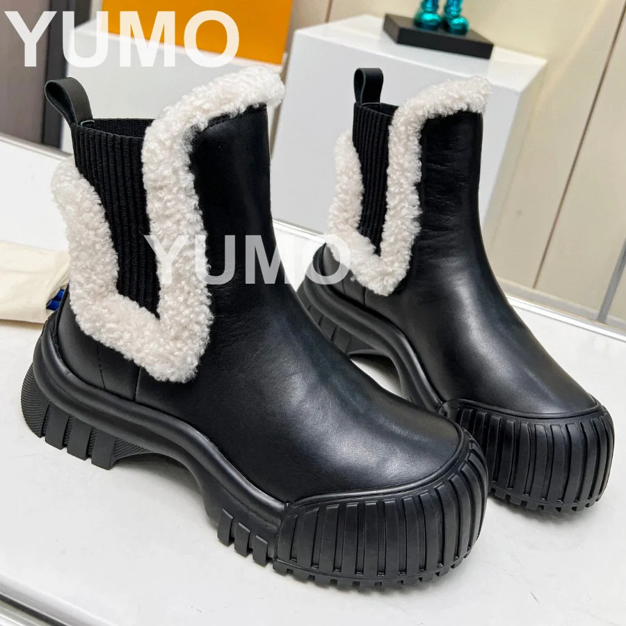 

Autumn Winter Women Platform Round Toe Mid Calf Boots Solid Slip On Fur Warm Concise Solid Runway Boots High Quality 2024