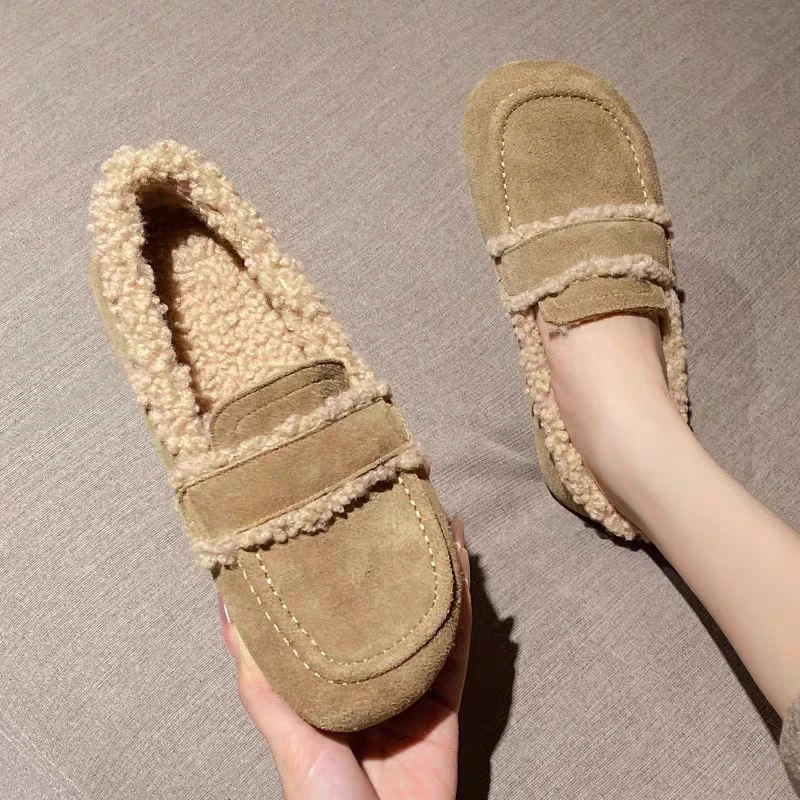 Leisure Nubuck Cow Leather Moccasins Femmes Curly Wool Loafers Square Toe Flats Women Cotton Fur Shoes Ladies Winter Furry Boots