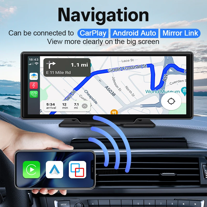 10.26” 4K DVR Portable Car Radio Wireless CarPlay Android Auto Dash Cam IPS Touc