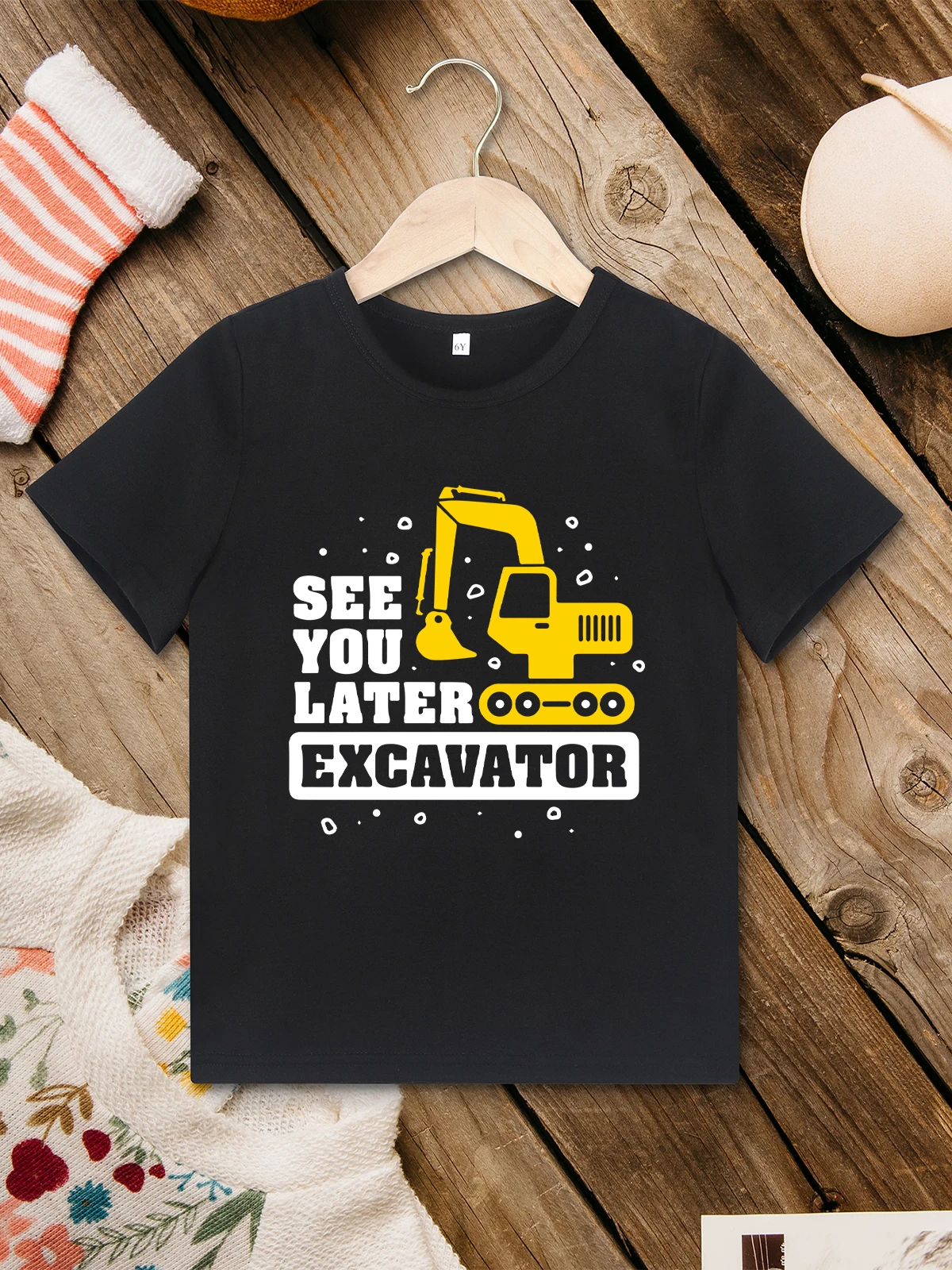 

Fun Cute Boys Clothes “See You Later Excavator” Pattern Fashion Kids T Shirt Short Sleeve Summer Streetwear Black Tops Tees