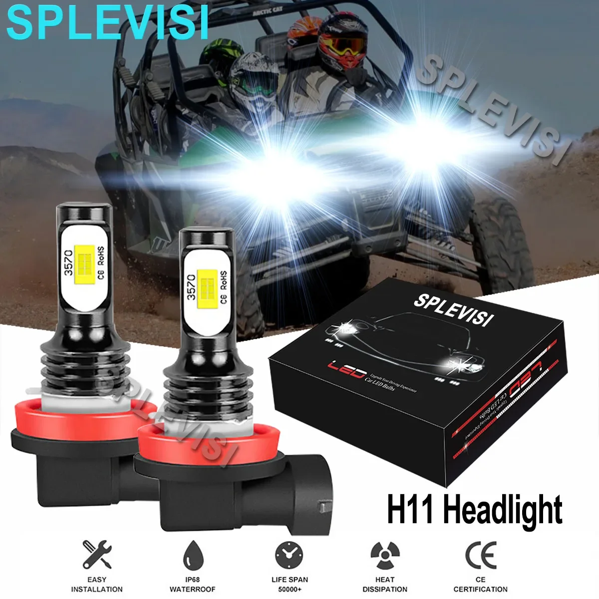 2x 70W H11 LED Headlight 6000K Pure White Replace Kit For Arctic Cat F1000 F5 2007-2009 F6 Firecat 600 2004-2006