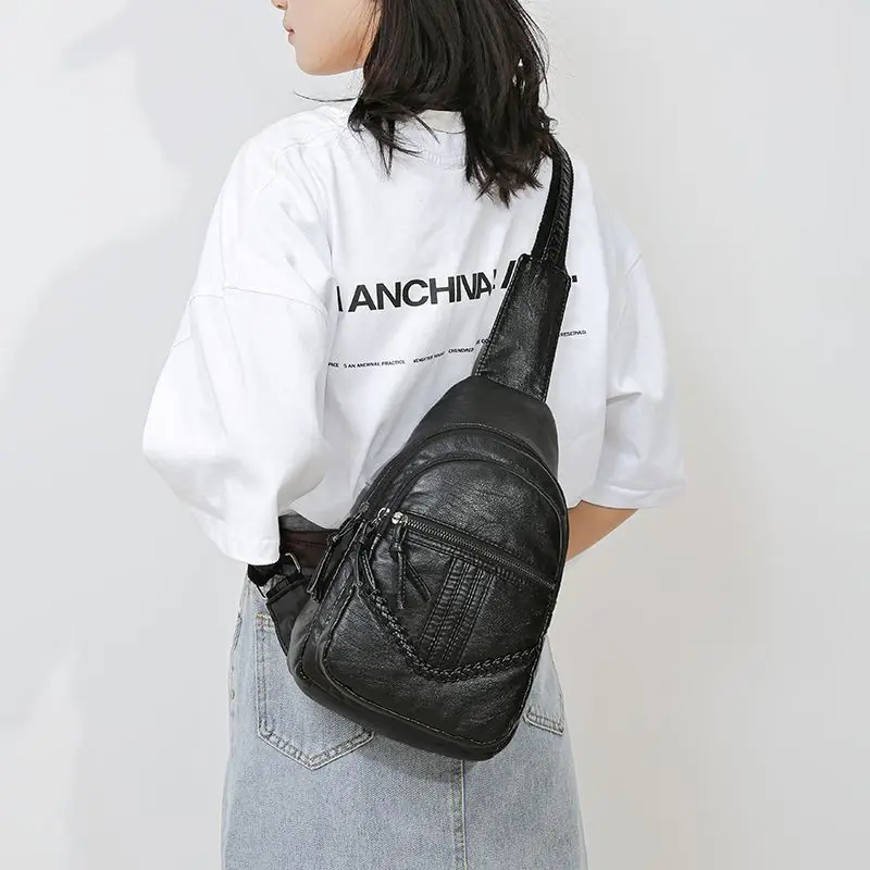 

Washed Pu Soft Leather Chest Bag Women 2023 New Fashion All-Match Casual Bag Small Backpack Shoulder Bag