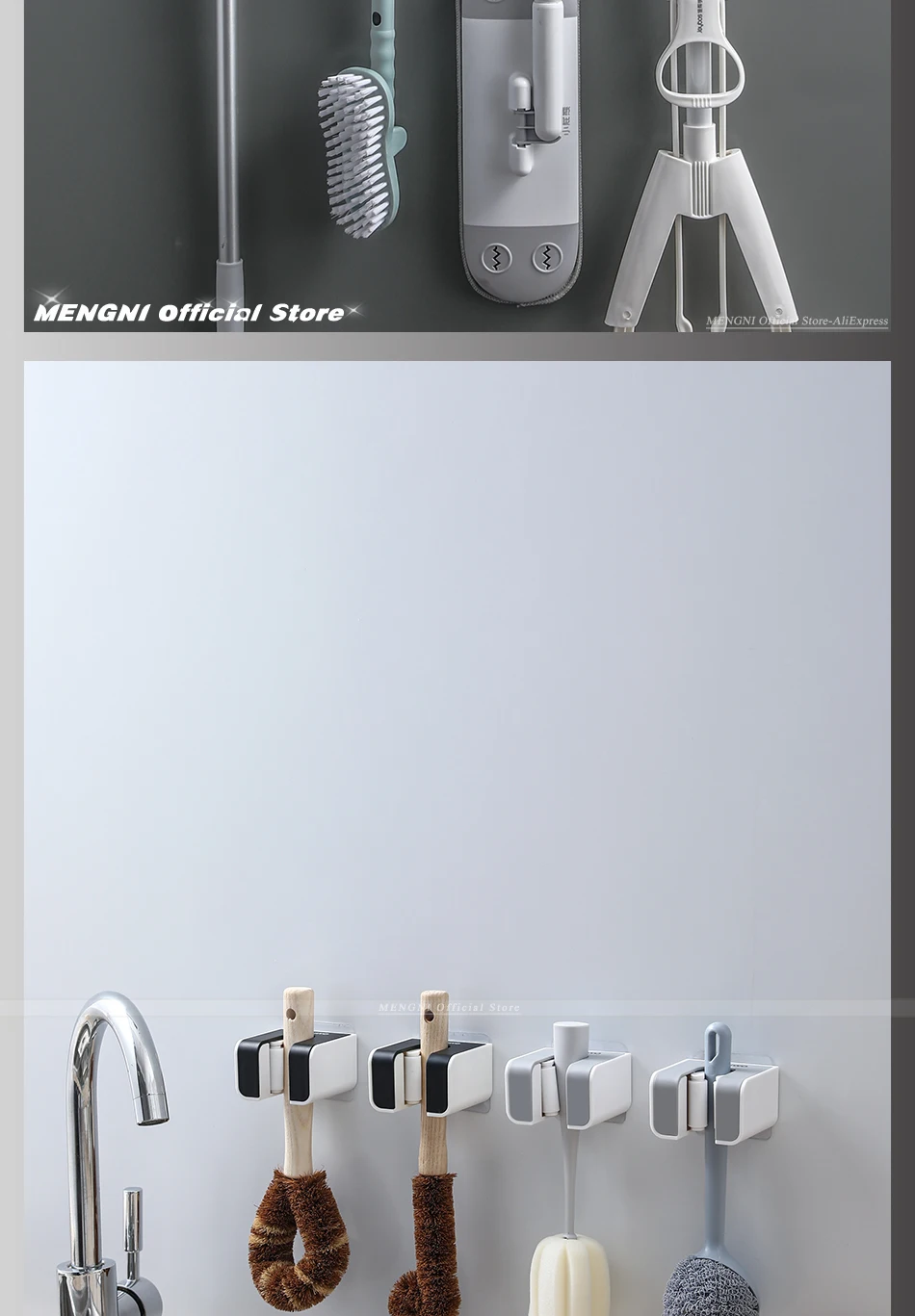 MENGNI Wall Mounted Mop Broom Holder Adhesive Multi-Purpose Hooks Broom Hanger Kitchen Bathroom Accessories Sets